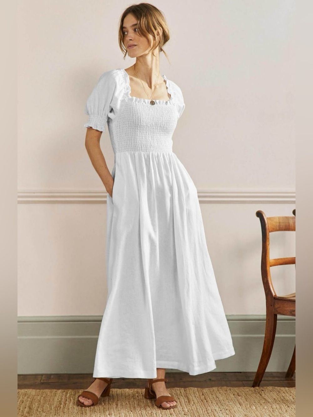 Boden Smocked Bodice Linen Dress Sz 14